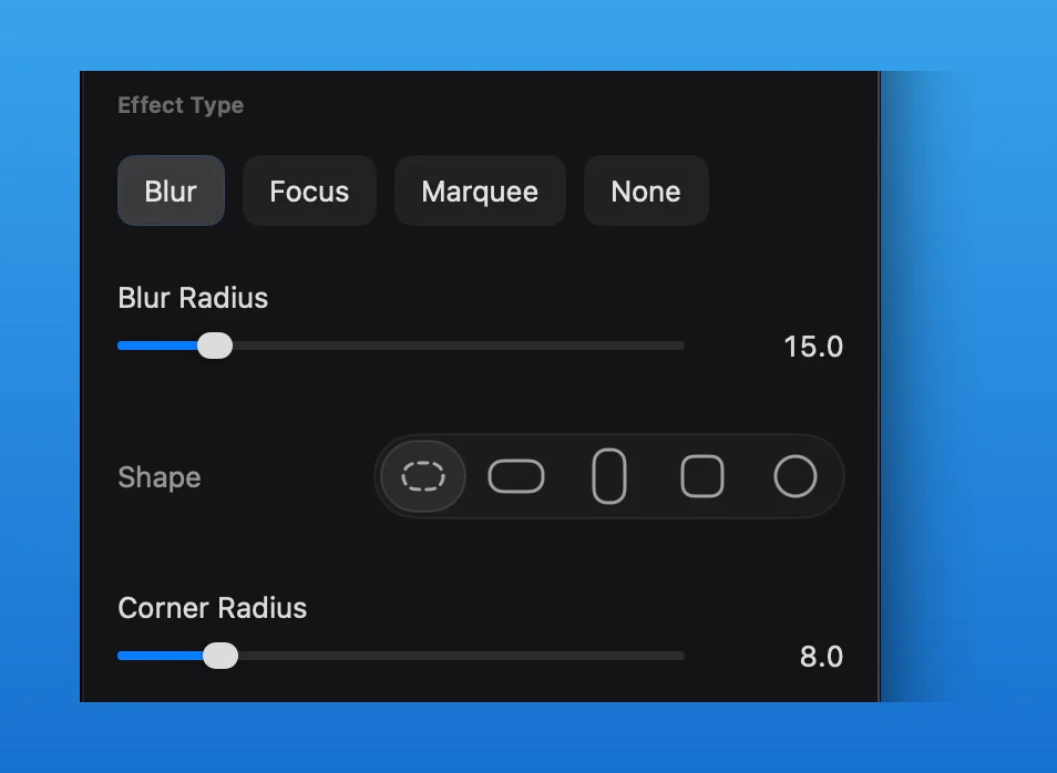 Blur radius, shape, and corner controls in the English release build
